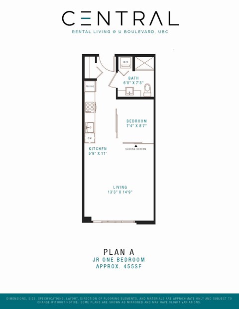 Floor plan for studio, 1 bath, 455 sqft